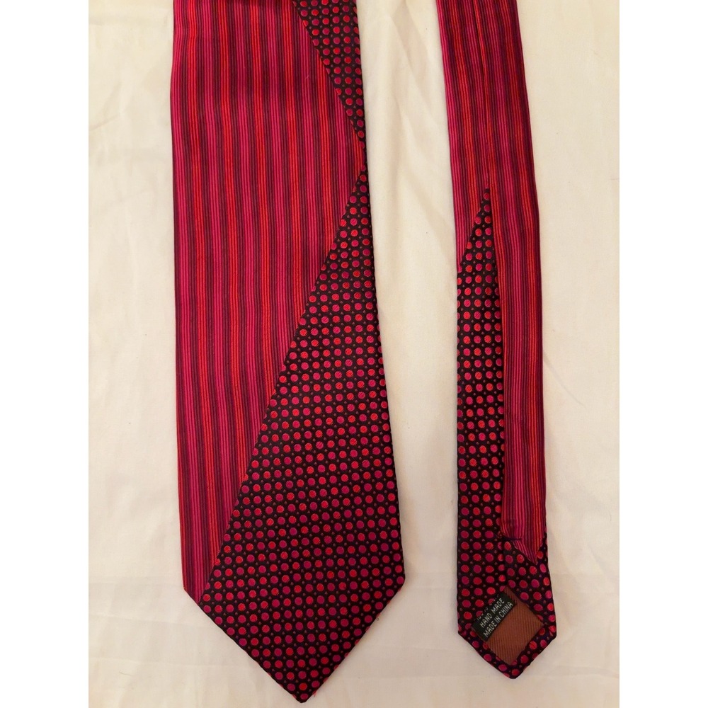 Steven Land Mens Red Black Striped Polka Dot Silk Necktie Hand Made Geometric